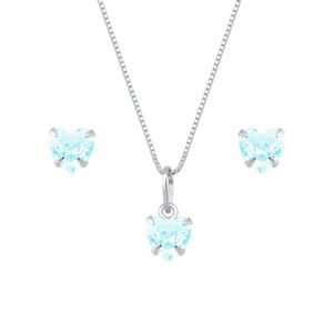 Conjunto de Coração Azul em Zircônia Prata 925